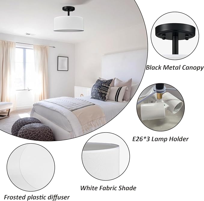 Modern Black Light Fixture Ceiling Mount Flush Mount Drum Ceiling Light Fixture 3 Light Semi Flush Mount Ceiling Light for Hallway Bedroom Entryway Foyer Office