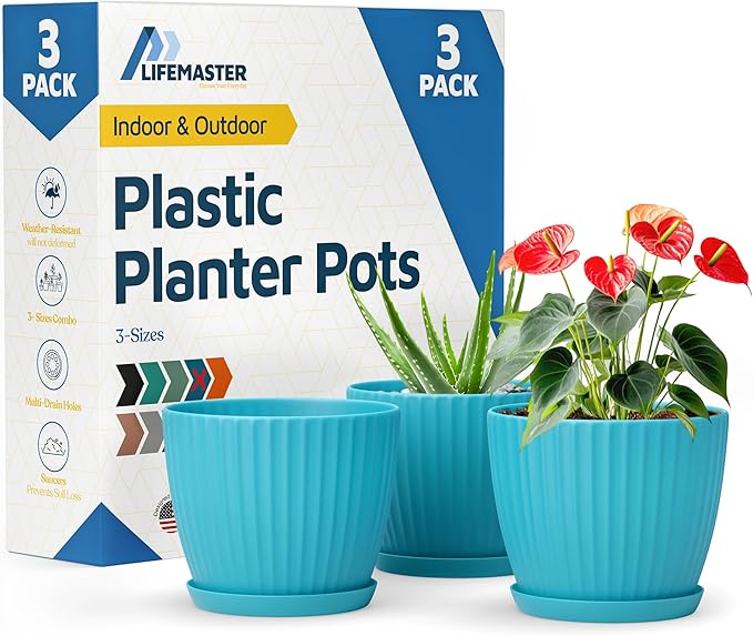 Blue 6-Inch Plant Pots with Drainage & Saucers 3 Pack, Indoor & Outdoor Planters for Houseplants, Herbs, and Flowers, Durable & Weatherproof Material, Stackable, Lightweight, Minimalist Design