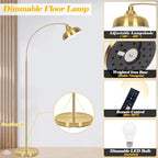 Gold Floor Lamps for Living Room- Arc Floor Lamps with 9W Bulb, 360° Adjustable Metal Shade, Remote Control Dimmable Floor Lamp, Over Couch Mid Century Modern Brass Floor Lamp for Bedroom, Office