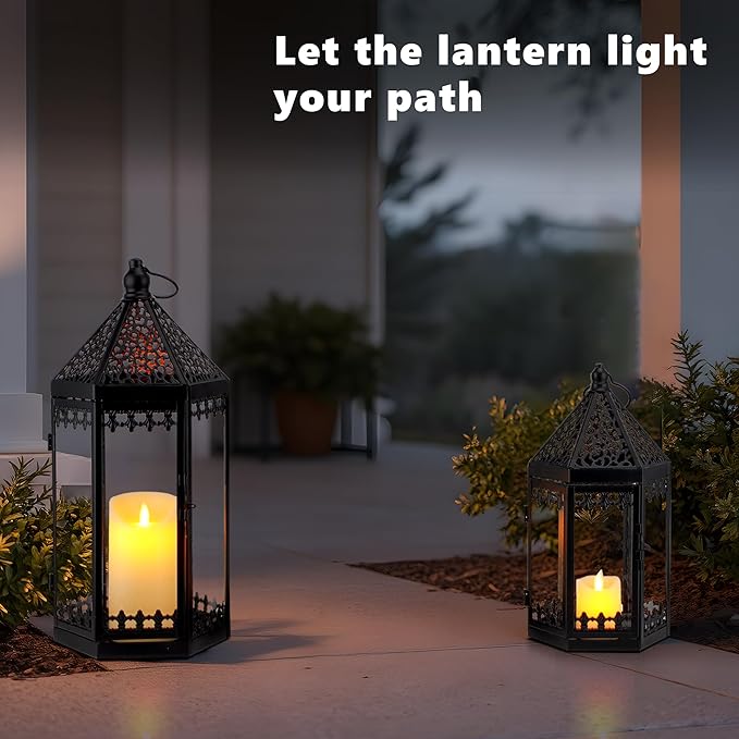 TRIROCKS Set of 2 Deacorative Candle Lantern 16'' & 12'' High Metal Candle Holder Hanging Lanterns with Tempered Glass for Halloween Christmas Indoor Outdoor Home Decor Parties Garden Events (Black)