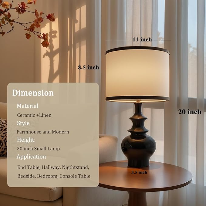 20" Modern Ceramic Table Lamp, Black Bedroom Lamp for Night Stands, Farmhouse Bedside Lamp for Bedroom Living Room, Small Nightstand Lamp Desk End Table Lamp Black