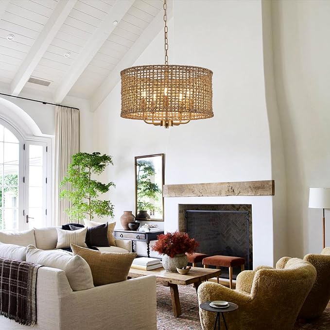 Hand-Woven Rattan Chandelier Vintage Farmhouse Boho Bamboo Golden Chandelier Light Fixture Retro 5-Lights Drum Wicker Gold Chandeliers for Dining Room, Kitchen Island, Living Room, Entryway
