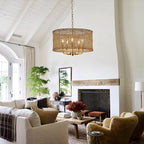 Hand-Woven Rattan Chandelier Vintage Farmhouse Boho Bamboo Golden Chandelier Light Fixture Retro 5-Lights Drum Wicker Gold Chandeliers for Dining Room, Kitchen Island, Living Room, Entryway