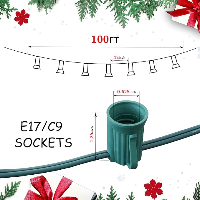 LUCKY TL 100 FT C9/E17 Christmas Light Sockets Set Spool, Green SPT-1 Wire, 12 Inch Spacing, C9 Outdoor String Lights, UL Listed