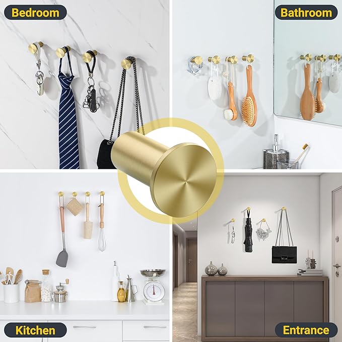 SAYAYO Brushed Gold Towel Hooks for Bathrooms, Heavy Duty Wall Hooks for Hanging, Modern Coat Hook Robe Hook SUS 304 Stainless Steel 4 Pcs