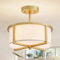 Modern Fabric Drum Chandelier, Semi-Flushmount Close to Ceiling Light Fixture for Living Room, Bedroom, Dining Room, D12 x H9 in, Gold Finish Metal Frame & Linen Fabric Shades