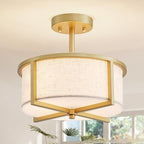 Modern Fabric Drum Chandelier, Semi-Flushmount Close to Ceiling Light Fixture for Living Room, Bedroom, Dining Room, D12 x H9 in, Gold Finish Metal Frame & Linen Fabric Shades