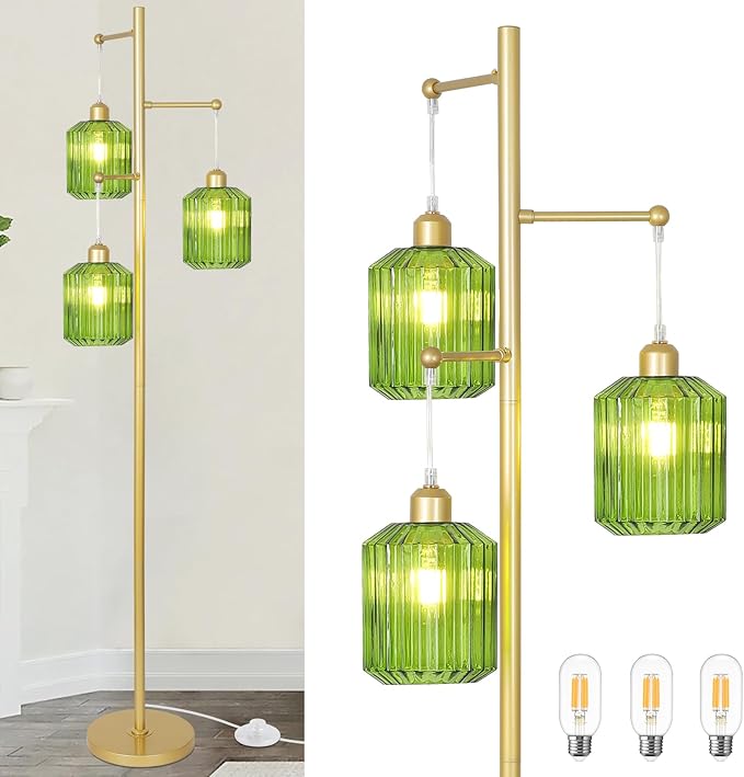 Glass Floor Lamp for Living Room,3-Light Gold Boho Flower Floor Lamp for Bedroom,Farmhouse Standing Lamp Tree Floor Lamps Vintage Retro Brass Tall Lamps for Bedroom,Office,Corner(LED Bulbs Included)
