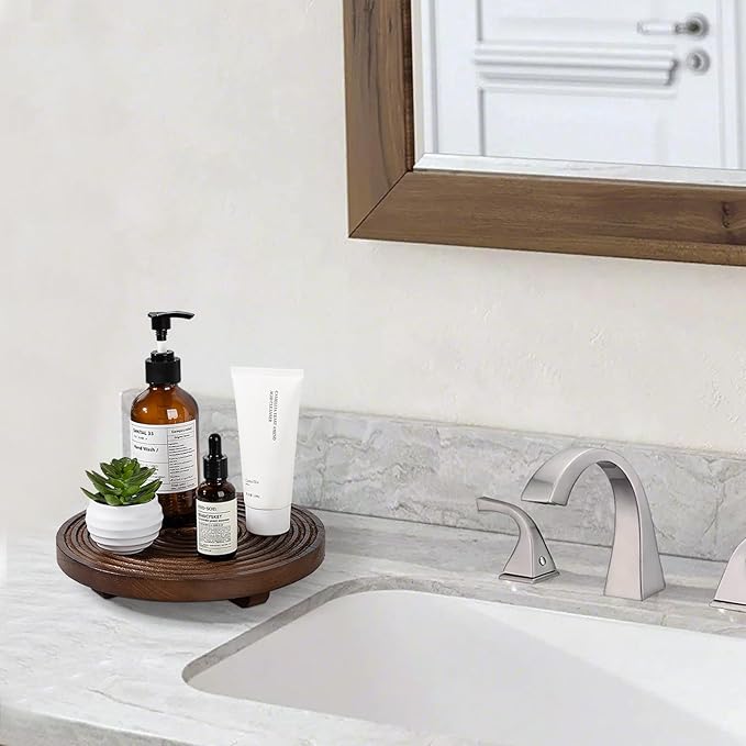 Round Decorative Tray Farmhouse Bathroom Decor Wood Riser Kitchen Countertop Organizer for Perfume, Candle, Plant, 9 inch Walnut