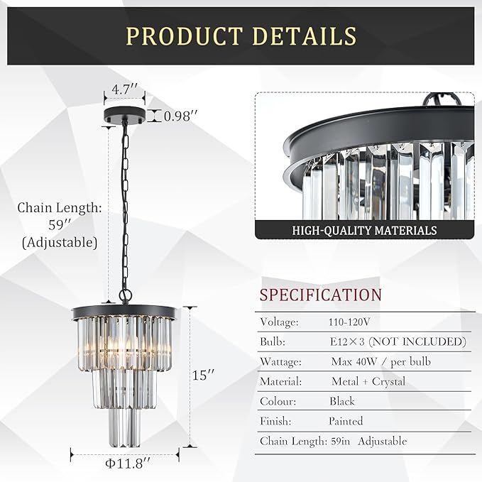 3 Tiers Black Crystal Pendant Light, Mini Smoke Gray K9 Crystal Chandelier Modern Pendant Light Fixture for Kitchen Island Dining Room Hallway Bedroom Closet