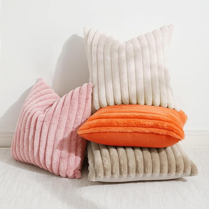 decorUhome Faux Fur Fall Throw Pillow Covers 26x26 Set of 2, Decorative Soft Plush Striped Neutral Couch Euro Pillow Covers with Velvet Back for Sofa, Bed, Living Room Home Decor, Orange