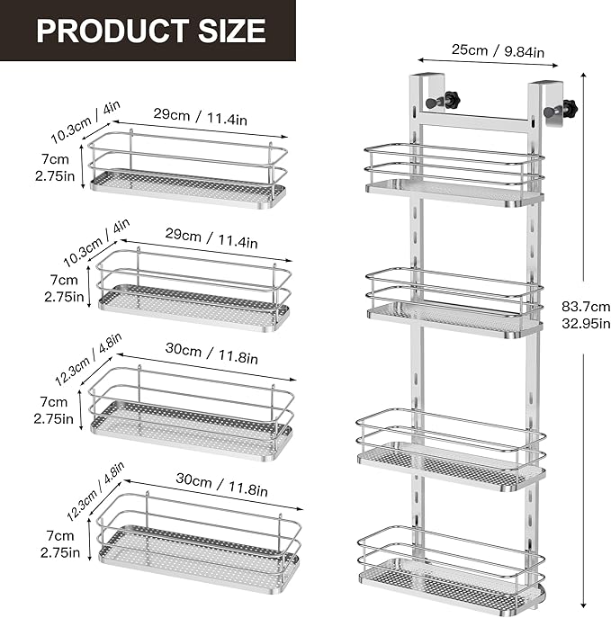 Orimade Adjustable Hanging Over the Shower Door Caddy,Bathroom Organizer Shelf Storage with 4 Hooks for Razor,No Drilling Rustproof Shower Rack Basket, 4 Tier, Silver