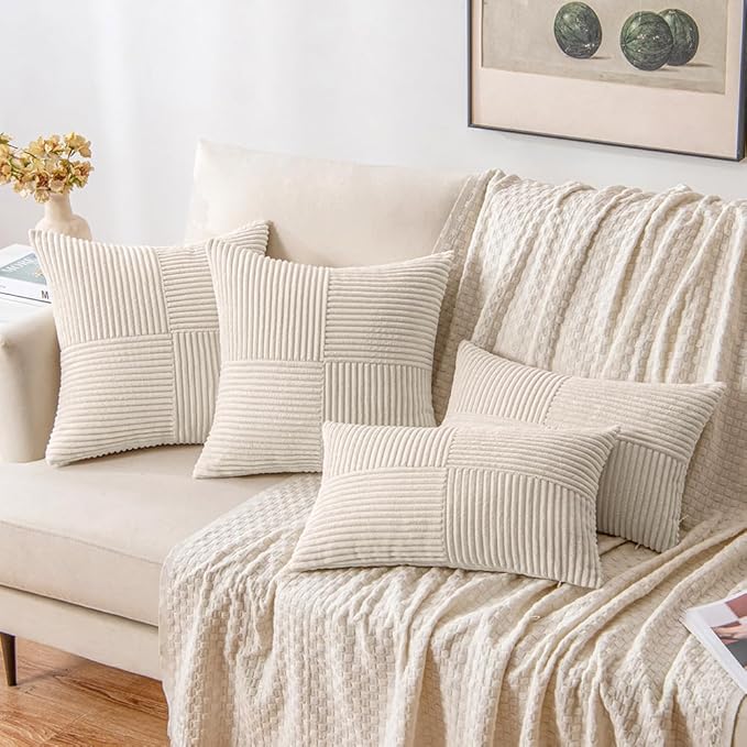 MIULEE 12x20 Inch Boho Lumbar Accent Pillows Set of 2 - Beige Corduroy Textured Throw Pillow Covers with Cross Patchwork Design, Soft Spliced Decorative for Sofa, Bed & Reading Nook