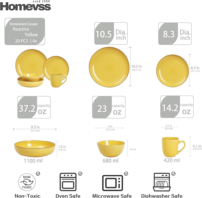 Eur-Nordic Shape Raising Rim 20pc Dinnerware Set, Shiny Glaze Yellow with Speckle Effect