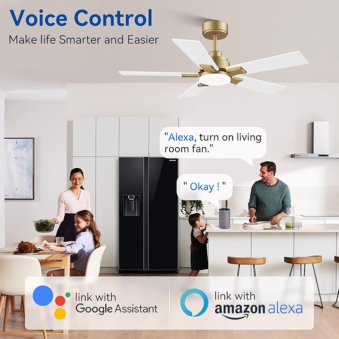 42Inch Smart Ceiling Fan with Lights Remote,APP&Voice Alexa WIFI Controled,Quiet Reversible DC Motor,Dimmable LED,Indoor Outdoor,Small Modern Ceiling Fan,for Bedroom Patio Porch,Gold White&Black