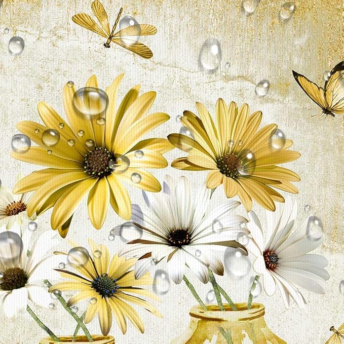 Rustic Farmhouse Yellow Floral Shower Curtain, Sage Green Daisy Flowers Butterfly Dragonfly on Abstract Aesthetic Country Wooden Boho Shower Curtain Set, White Bathroom Accessory with Hooks, 70X84