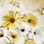 Rustic Farmhouse Yellow Floral Shower Curtain, Sage Green Daisy Flowers Butterfly Dragonfly on Abstract Aesthetic Country Wooden Boho Shower Curtain Set, White Bathroom Accessory with Hooks, 70X70