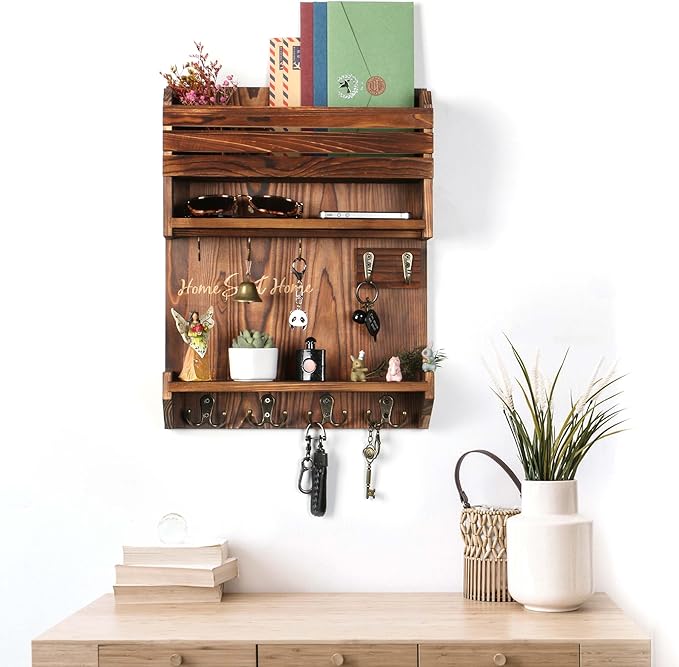 Key Holder, Wall Mounted Mail Organizer, Keys Holder on Wall with 9 Key Hooks, Umber