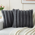 FUTEI Dark Grey Decorative Throw Pillow Covers 24x24 Inch Set of 2, Square Soft Faux Rabbit Fur Big Striped Pillow Sham,Home Decor for Couch Sofa Bed Living Room