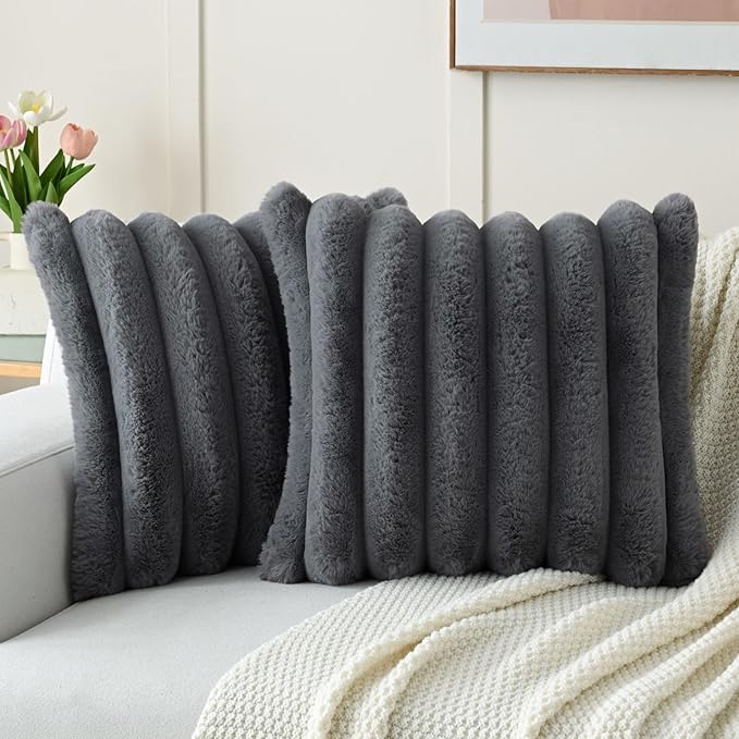 FUTEI Dark Grey Decorative Throw Pillow Covers 22x22 Inch Set of 2, Square Soft Faux Rabbit Fur Big Striped Cushion Cover,Home Decor for Couch Sofa Bed Living Room