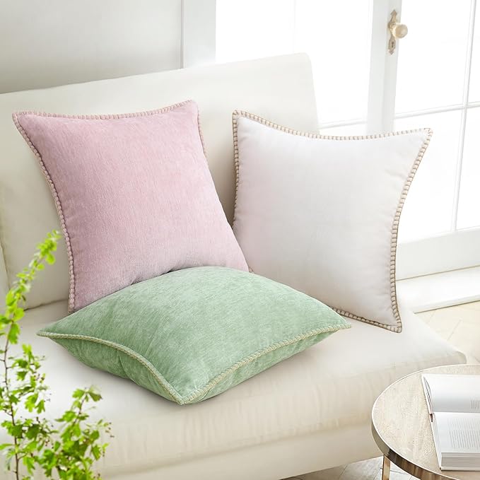 decorUhome Christmas Chenille Soft Throw Pillow Covers 18x18 Set of 2, Farmhouse Velvet Neutral Decorative Euro Pillow Covers with Stitched Edge for Couch Sofa Bed Home Decor, Sage Green