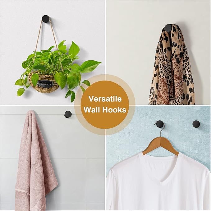 Wood Wall Hooks, 4 Pack Black Decorative Coat Hooks Wall Mounted, Heavy Duty Entryway Hat Hooks Wall Hangers for Hanging Purse, Towels, Clothes, Backpack