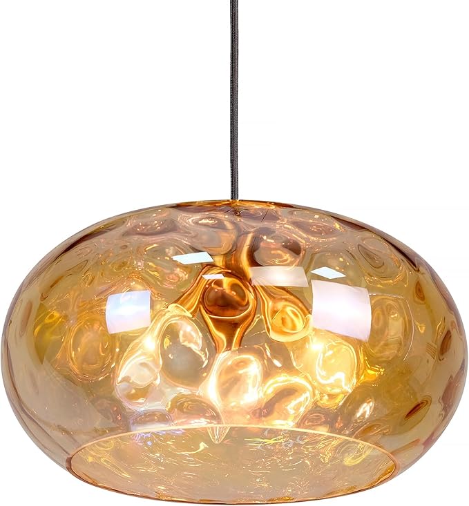 Large Glass Pendant Lighting, 14" Hammered Lampshade Hanging Lamp, 3-Light Brass Gold Chandelier for Dining Living Room Kitchen Island (Amber Glass Shade, 14 Inches)