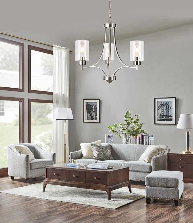 BOZO 3 Light Modern Chandelier Brushed Nickel Pendant Lighting Clear Glass Shades Contemporary Ceiling Light Fixtures for Dining Room Kitchen Living Room