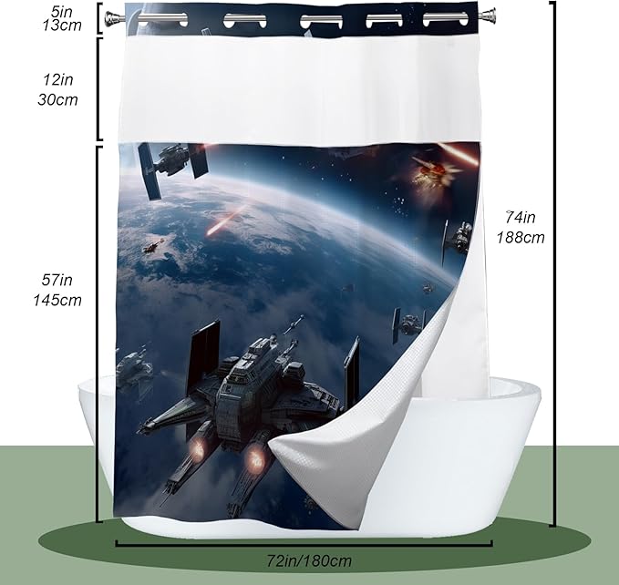 Funny Planet Science Fiction Movie Theme Universe War Cool Shower Curtain with Snap in Fabric Liner Set, Detachable Liner, See Through Mesh Top Window, Waterproof Washable 72" W x 74" H