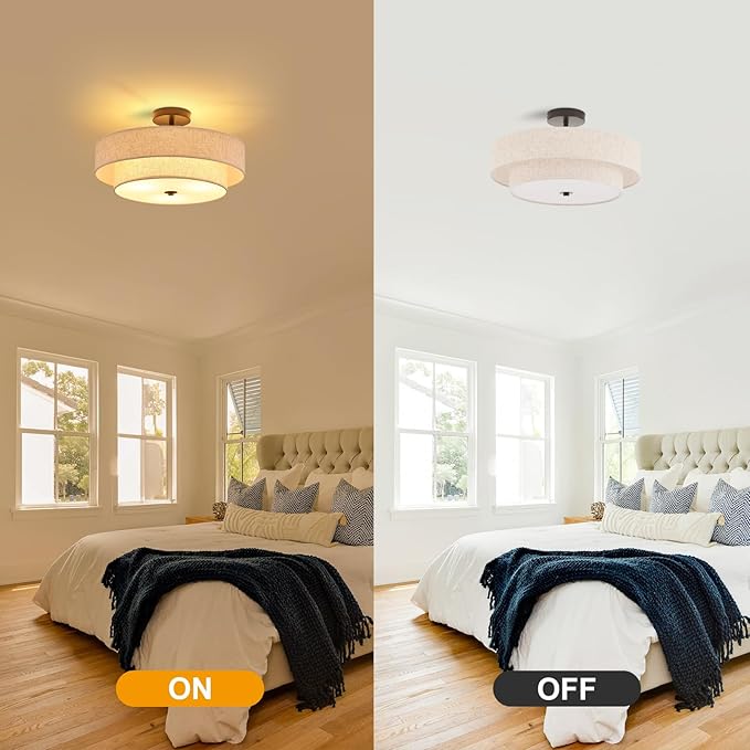 Modern Semi Flush Mount Ceiling Light 18" Modern 3-Lights Black Drum Ceiling Lighting Fixture with Linen Shade Vintage Ceiling Lamp for Kitchen, Basement, Laundry Room, Bedroom