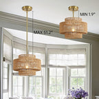 12.4” Boho Rattan Chandelier Light Fixture, 1-Light Hand Woven Pendant Light Fixture Farmhouse Rustic Hanging Lamp for Kitchen Island Bedroom, Dining Room, Living Room, Entryway, Foyer