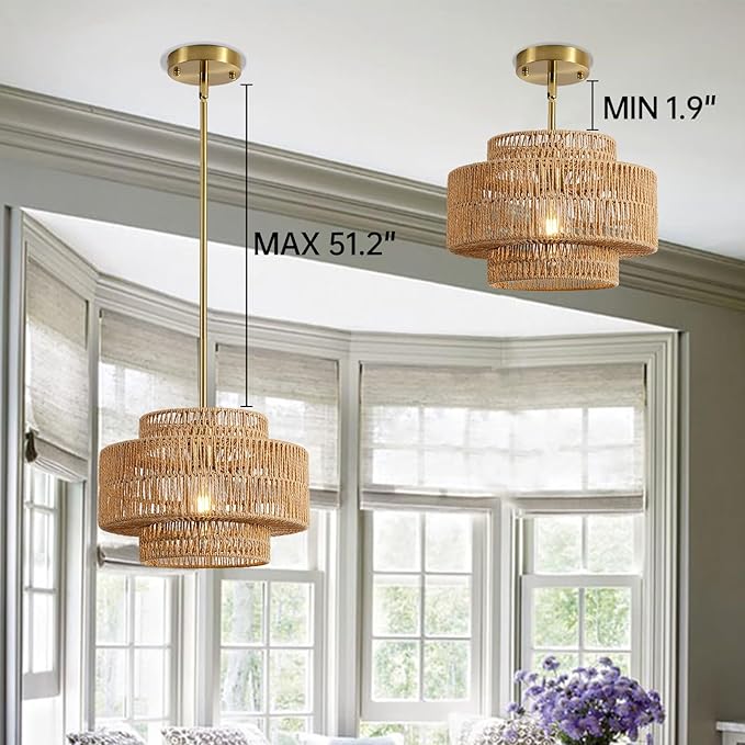12.4” Boho Rattan Chandelier Light Fixture, 1-Light Hand Woven Pendant Light Fixture Farmhouse Rustic Hanging Lamp for Kitchen Island Bedroom, Dining Room, Living Room, Entryway, Foyer