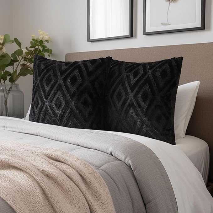 Pallene Black Throw Pillow Covers 22x22 Set of 2, Soft Plush Faux Fur Decorative Couch Pillow Covers for Sofa Bed Living Room Pillow Cases with 3D Diamond Pattern