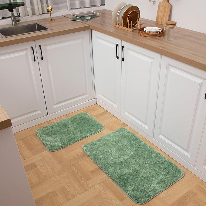 Acsploer Microfiber Bathroom Rugs and Mats Sets 2 Piece,Non-Slip Bath Rugs, Machine Washable Absorbent Bath Mats for Bathroom Floor, Shower (Green, 16''x24'' Plus 20''x32'')