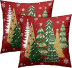 Christmas Trees Throw Pillow Covers 18x18 Inch Set of 2, Vintage Xmas Tree Red Snowflakes Decorative Pillowcases Soft Square Cushion Case for Sofa Couch Winter Holiday Home Decor
