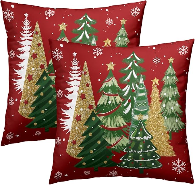 Christmas Trees Throw Pillow Covers 18x18 Inch Set of 2, Vintage Xmas Tree Red Snowflakes Decorative Pillowcases Soft Square Cushion Case for Sofa Couch Winter Holiday Home Decor
