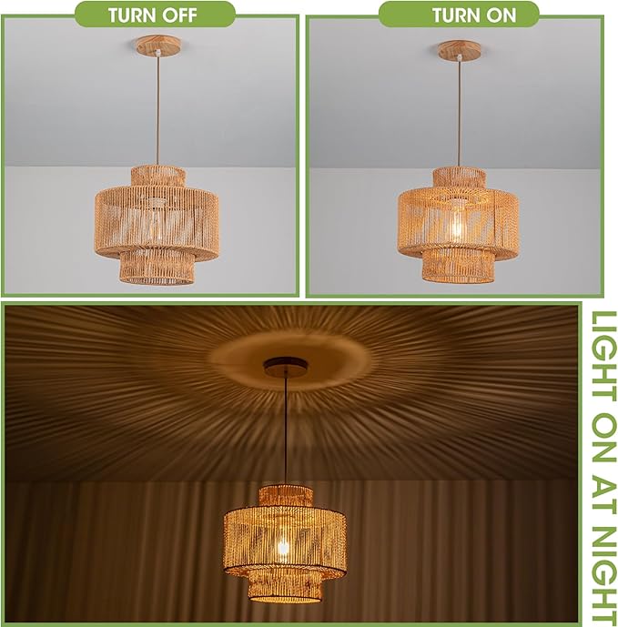 Rattan Pendant Light Boho Chandelier for Dinning Room Bohemian Hanging Lights 3-Tier Rattan Chandelier Basket Light Woven Light for Bedroom Entrance Hallway Kitchen Island Light Fixture