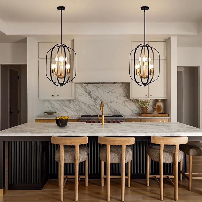 Black and Gold Chandelier for Dining Room, 8-Light Farmhouse Entryway Light Fixture Adjustable Pendant Lights Kitchen Island Rustic Kitchen Chandelier for Entryway, Living Room, Foyer