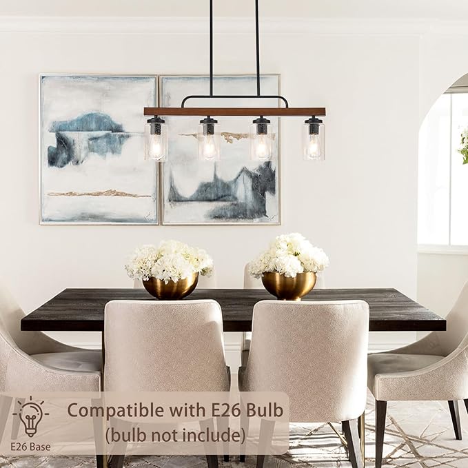 Farmhouse Dining Room Light Fixture, 4-Light Wood Kitchen Island Lighting, Industrial Chandeliers for Dining Room Over Table Black Pendant Light with Seeded Glass Shade for Bar Restaurant