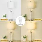 Brushed Nickel Table Lamps Set of 2: 22" to 30" Height Adjustable Nightstand Lamps with White Linen Shade | Pull Chain Switch | Silver Pole Beside Lamp for Living Room Bedroom