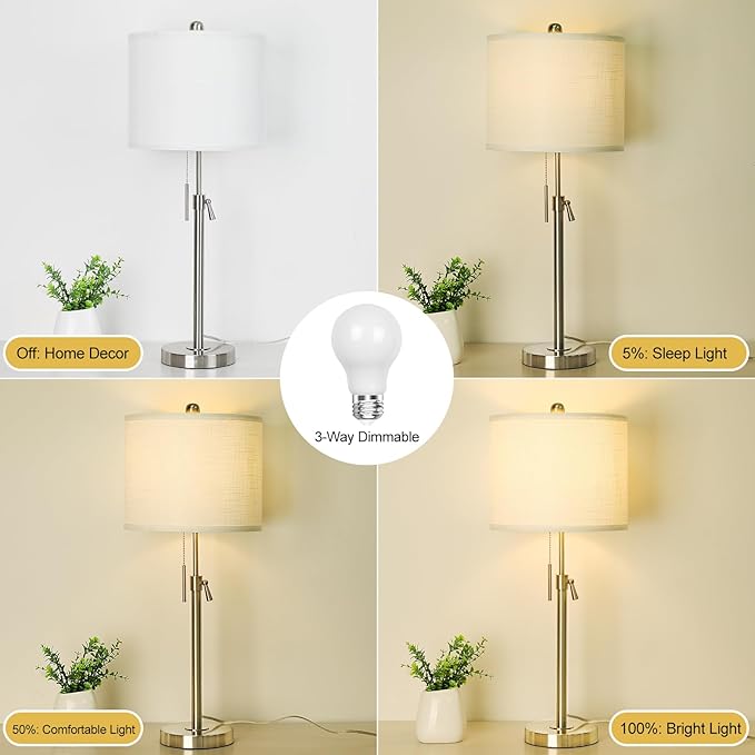 Brushed Nickel Table Lamps Set of 2: 22" to 30" Height Adjustable Nightstand Lamps with White Linen Shade | Pull Chain Switch | Silver Pole Beside Lamp for Living Room Bedroom