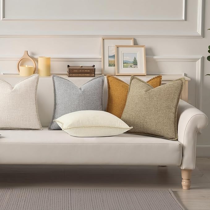 decorUhome Decorative Outdoor Throw Pillow Covers 12x20 Set of 2, Lumbar Linen Rustic Neutral Farmhouse Euro Pillow Covers with Stitched Edge for Couch, Sofa, Living Room, Beige
