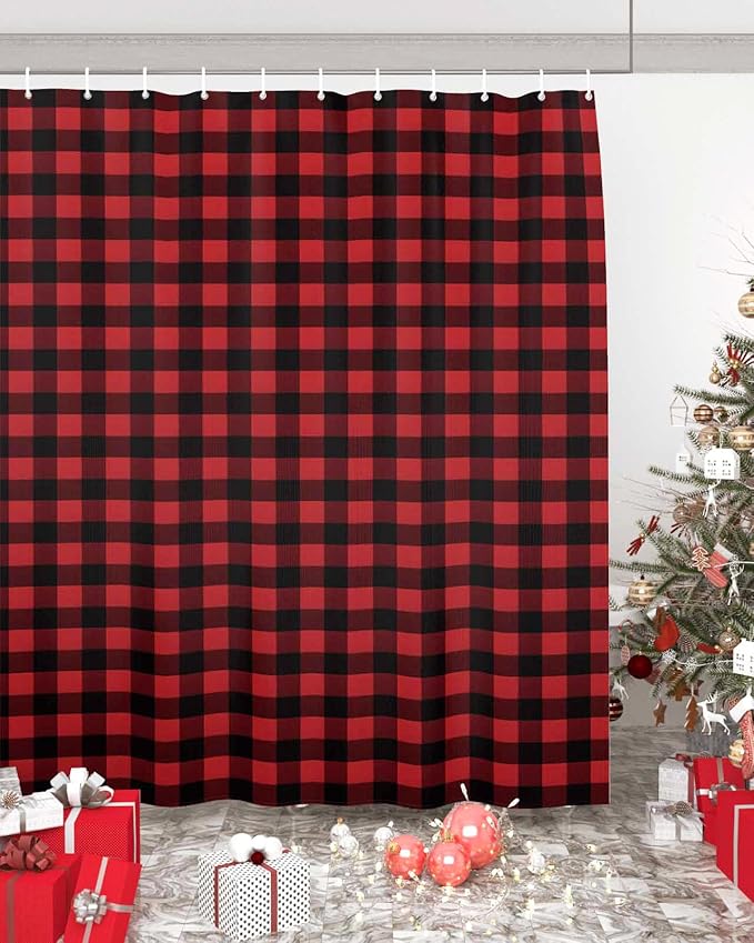 Vandarllin Extra Long 72x84 Inches Shower Curtain Washable,Water Repellent,Rustic Red Black Buffalo Check Plaid Pattern Print