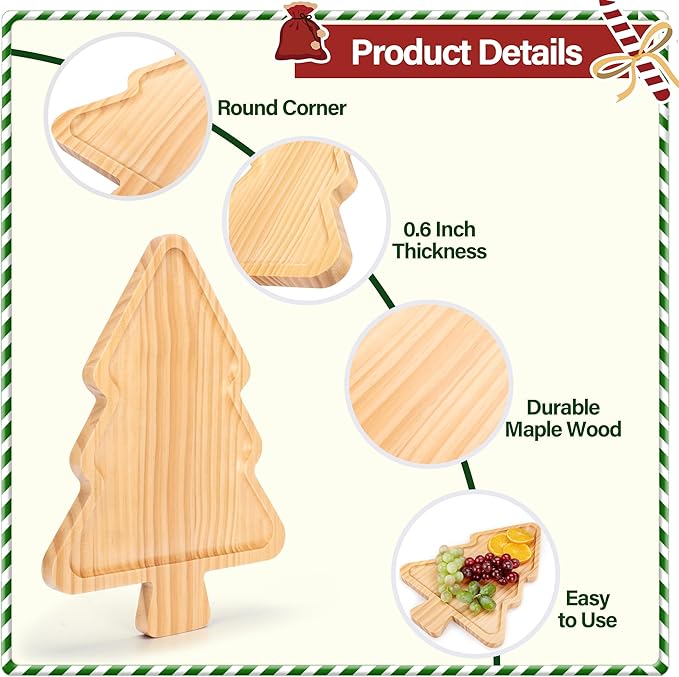 Christmas Tree Shaped Wooden Serving Tray - 12" Charcuterie Board for Cheese, Snacks, Appetizers & Desserts - Holiday Platter with Handles, Christmas Decorative Tray (12 x 8.7 x 0.6 Inches)