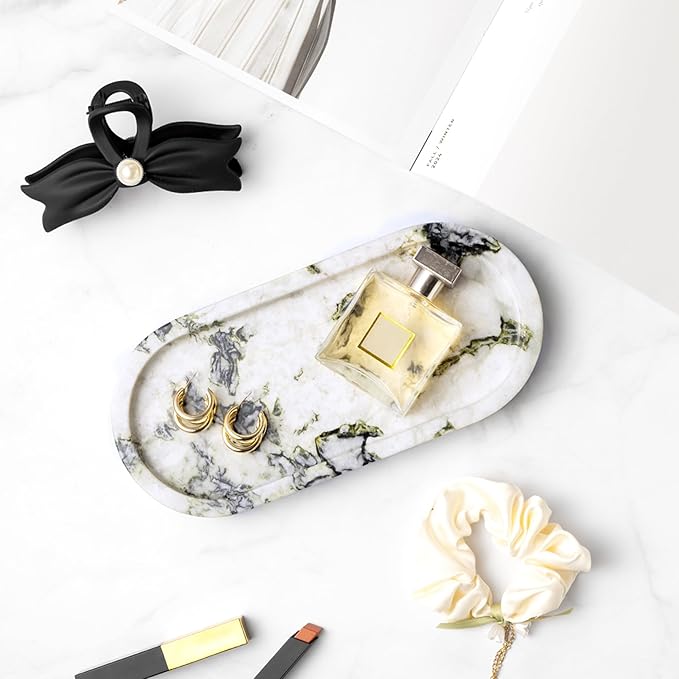WORHE Natural Marble Vanity Tray Luxury Oval Stone Trays for Jewelry Perfume Candle, Calacatta Viola Decorative Dish for Bathroom,Bedroom,Dresser Countertop Storage Organizer for Home Decor (WH059)