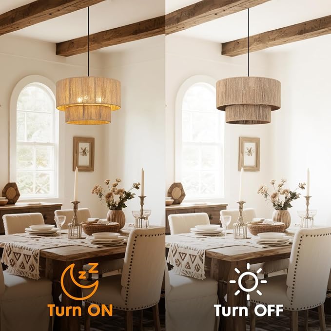 18 Inch Large Rattan Woven Pendant Light, Boho Farmhouse Hanging Chandelier Lamp Fixture, Natural Wicker Jute Lighting for Dining Room, Kitchen Island, Living Room, Table, Entryway, Foyer