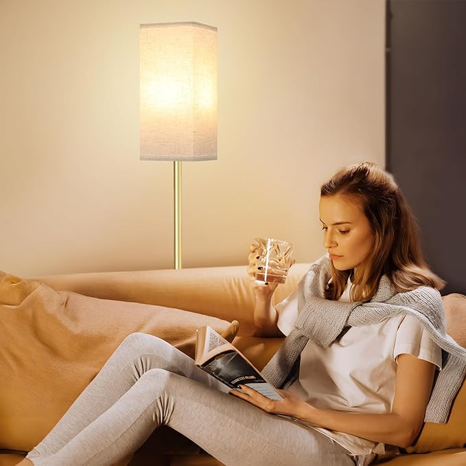 Ambimall Remote Control Floor Lamp, Stepless Dimmable, 64 Inches Tall, Include 9W Bulb, Standing Lamp for Living Room Bedroom Office (Light Beige & Gold)