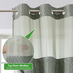 no Hook Shower Curtain and Liner Set，Boho Style with See Through Top Window, SageGreen Fabric Tufted Striped Textured Outer Curtain & Waterproof Inner Liner, SageGreen, 71Wx86H