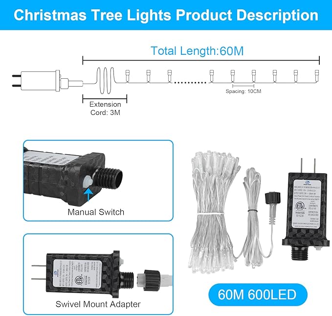 196 FT 600LED Christmas Lights Plug in,Waterproof Fairy Lights with Timer/8 Modes, Christmas Tree Lights Lighting Outdoor Indoor Garden Party Wedding Christmas Tree Decoration(Cool White)