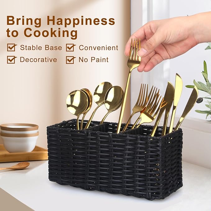 Ayiaren Wicker Silverware Cutlery Holder Black Flatware Utensil Caddy Best Silverwares Organizer Storage for Countertop Party Kitchen Utensils Holder Flatware Silverware Caddy Spoon and Fork Holders